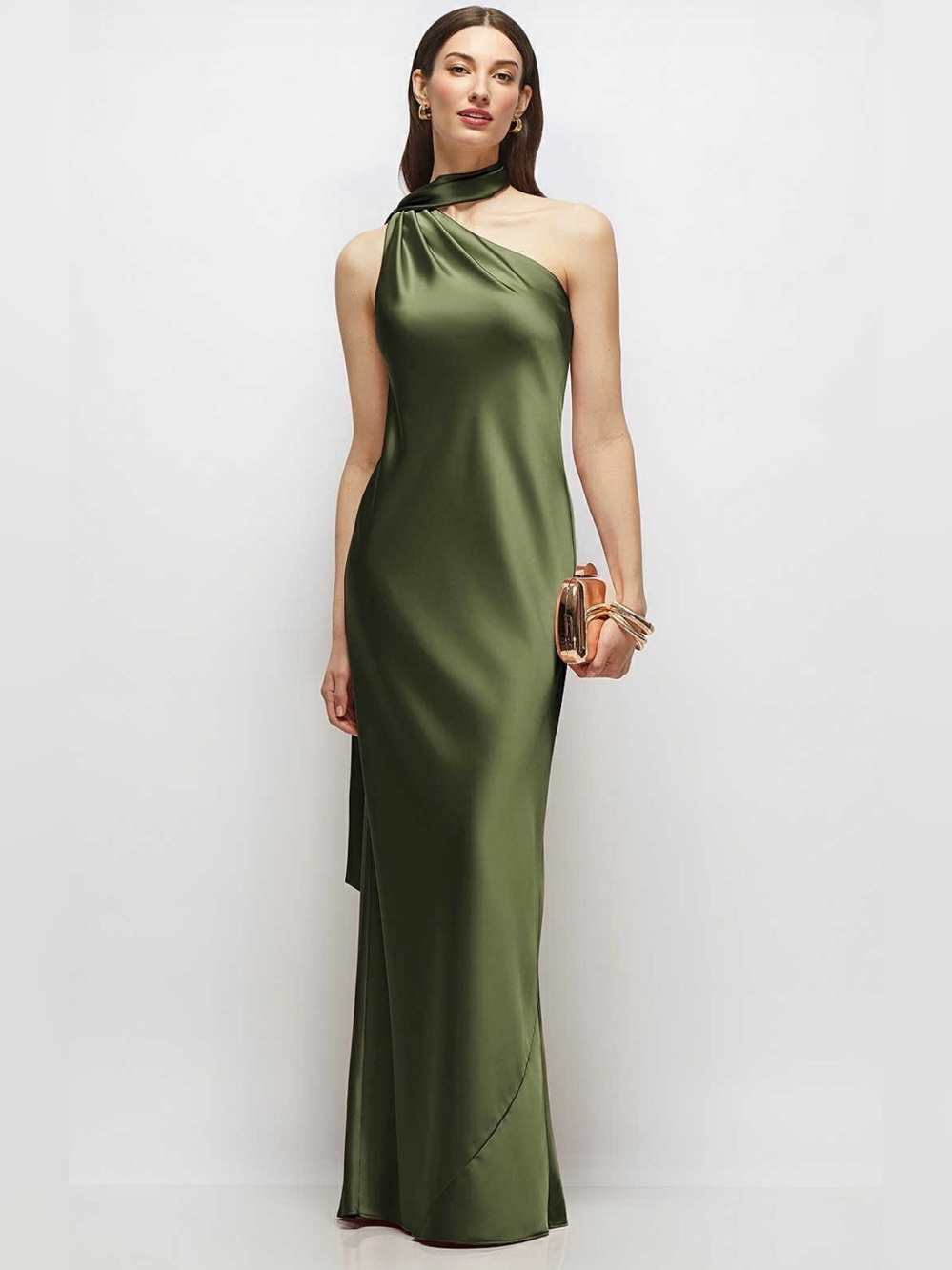 NEW After Six 6911 Draped Scarf One-Shoulder Bias Stretch Satin Gown, Large
